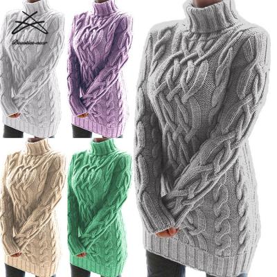 China Women's Knitted Sweater Women's High Collar Breathable Thick Winter Sweater Women Long Sleeve Casual Sweater Dress for sale