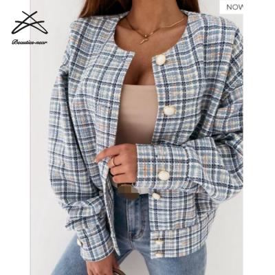 China New Autumn Spring Fashion Breathable Long Sleeve Plaid Ladies Cropped Jacket Women Coat for sale