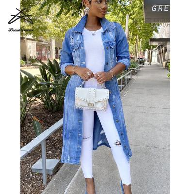 China Lady Breathable Fashion Women Long Sleeve Ripped Striped Jeans Denim Outwear Casual Ladies Denim Coat Long for sale