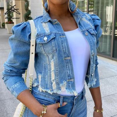 China 2021 plus size women's denim shorts plus size puff sleeve jackets fringed denim women jeans coat jacket for sale