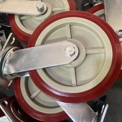 중국 8 Inch FLat Tread PU Wheel Red Polyurethane Swivel Plate Trolley Wheels For Industrial Carts 판매용