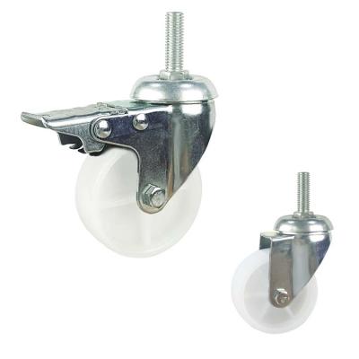 China 75x21mm  Rotating Swivel Threaded Stem White PP Light Duty Casters Total Brake for sale