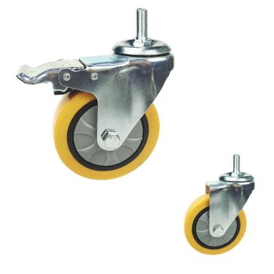 China 125x32mm Yellow PU Swivel Locking Threaded Stem Medium Duty Casters for sale