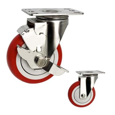 China Waterproof Stainless Steel Casters 3 Inch Red PU Side Brake SS Castors for sale