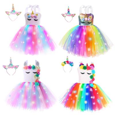 China Anti-wrinkle Christmas tutu dress for girls birthday party handmade knit Christmas dress 2021 Christmas LED light baby girl dress for sale