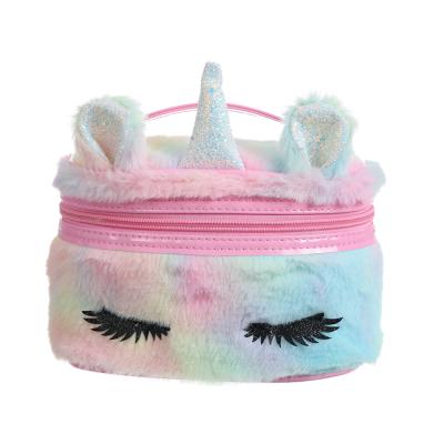 China Fashion Custom Design Cute Gold Glitter Beauty Unicorn Fur Iridescent Women Gifts Cosmetic Bag for sale