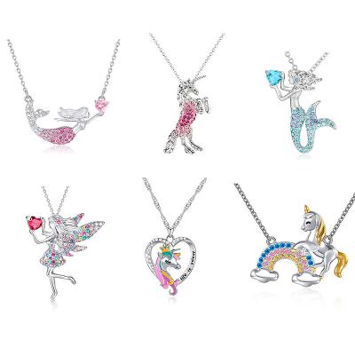 China 2021 Hot Environmental Friendly Amazon Sale Diamond Rhinestone Unicorn Mermaid Ballet Dance Girls Children Kids Women Necklaces Jewelry Set Kit for sale