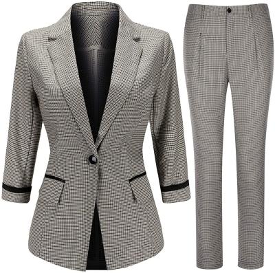 China Anti-Wrinkle Lady Formal Design Women Jacket and Ankle-Length Pants Plaid Blazer Office Three Quarter Houndstooth Breeches Suit 2 Piece Set for sale