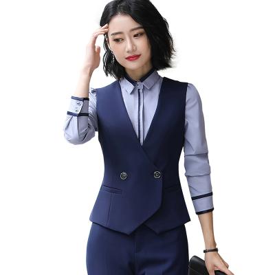 China Anti-wrinkle Dropship Wholesaler 2 Pieces Set Formal Blue Pant Suit Women Sleeveless Vest Office Lady Business Wear for sale