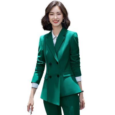 China Anti-Wrinkle Dropship 2 Piece Set Office Lady Uniform Design Women Formal Blazer Asymmetry Blazer Jacket and Flare Pant for sale