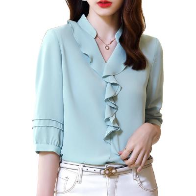 China Women Casual Anti-pilling New Wholesale High Quality Elegant V-Neck Female Loose Shirt Full Sleeve Half Sleeve Clothing Office Ladies Blouse for sale