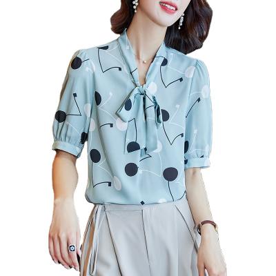 China Anti-pilling new wholesale elegant female loose bow shirt printing clothes casual women short sheath office ladies musical note blouse for sale