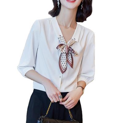 China Anti-pilling New Elegant Female Loose Solid V-Neck Shirt Shirts Casual Women Short Sheath Office Ladies Blouse With Bow for sale