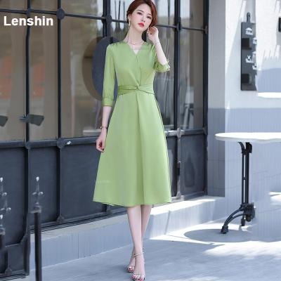 China Fashion Breathable Mid-Calf Dress Women Anti-Wrinkle Elegant Women Mid-Calf Dress Soft Casual Party Vestidos Ladies OL Half Tops Dress en venta