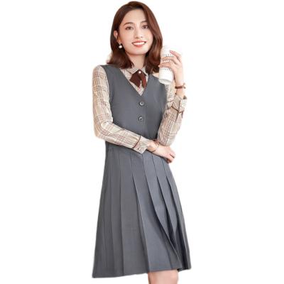 Cina Gray Slim Office Lady Work Wear V-Neck Sleeveless Teacher Uniform With Lining Wholesale Women Pinafore School Dress Merchants Anti-wrinkle in vendita