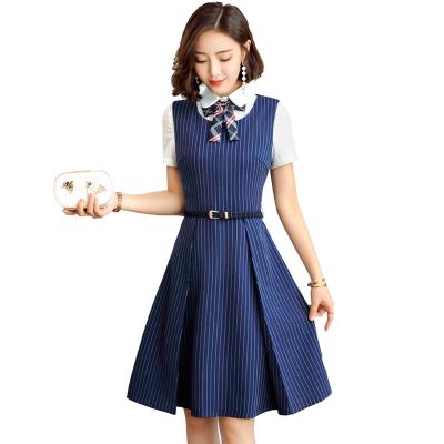 China Wholesale Anti-wrinkle Women Dress Merchants Sleeveless Pleated Stripped Blue Slim Office Lady Work Wear Teacher Uniform With Lining à venda