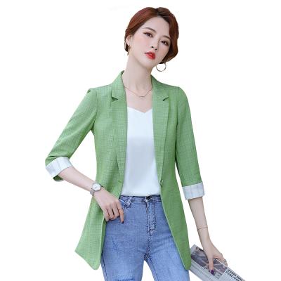 China Wholesale Dropship Anti-Wrinkle Elegant Fashion Women Thin Half Sleeve Cotton And Lady Simple Plaid Canvas Blazer Jacket Button Office Outwear for sale