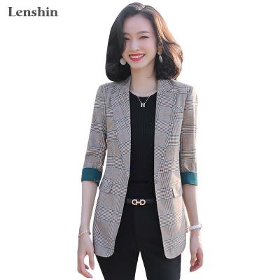 China Anti-wrinkle Lenshin Plaid Jacket For Women Summer Wear Casual Style Fashion Female Coat Half Sleeve Blazer Contrast Sleeve Tops Outwear for sale