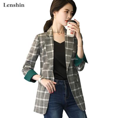 China Anti-wrinkle Lenshin Gray Plaid Long Coat with Pockets for Women Single Button Jacket Fashion Outwear Loose Style Blazer for sale