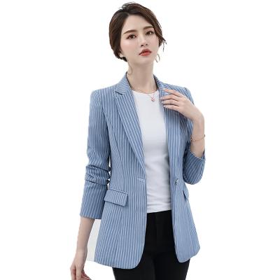 China Anti-wrinkle Wholesale Elegant Striped Women Jacket Long Sleeve Blazer Fashion Work Wear Keep Slim Office Lady Coat Outwear Single Button for sale