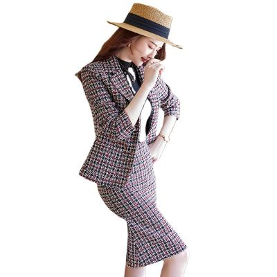 China Wholesale High Quality Winter OEM Anti-pilling Thick 2 Piece Tweed Suit For Women Style Plaid Lady Office Blazer Set Skirt Suits for sale