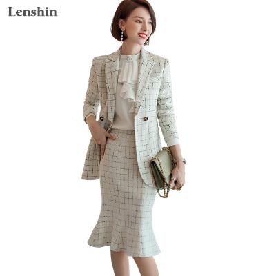 Китай High Quality Soft Anti-Wrinkle Plaid Tweed Suit For Women 2 Pieces Set Lady Formal Blazer Trumpet Mermaid Skirt Suit Office Uniform Designs продается