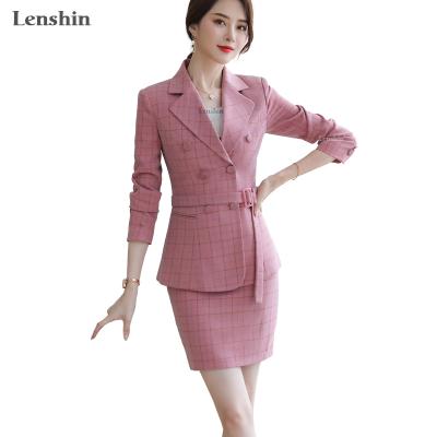 China wholesale Anti-Wrinkle 2 Piece Suit Set Women Plaid Skirt Suit Double Breasted Blazer With Sashes Office Lady Uniform Business Designs for sale