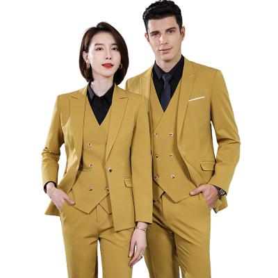 China Anti-Wrinkle High Quality Wholesale Yellow 3 Piece Suit Set OEM Dropshipping Business Formal Same Style For Men And Women Genders Pant Suit for sale