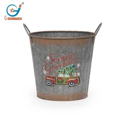 China Vintage Round Metal Pail Christmas Metal Pail Holiday Decor Metal Storage Bin for sale