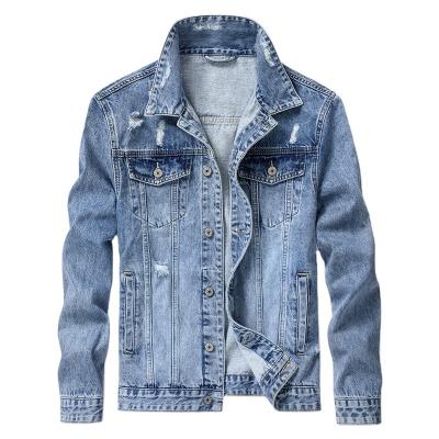 China Blue Ripped Denim Jacket Classic Vintage Biker Style Long Jean Jacket Men Casual Thin Sleeve Custom QUICK DRY Good Quality For Men for sale