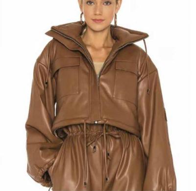 China Fashion Women Waterproof PU Leather Jacket Balloon Sleeve Women Outerwear for sale