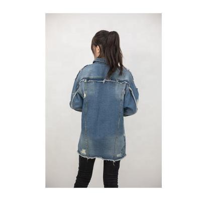 China Hot Sale Breathable Women Coated Denim Jacket Designer Casual Bomber Ripped Hole Loose Ladies Long Denim Shirts Wholesale for sale