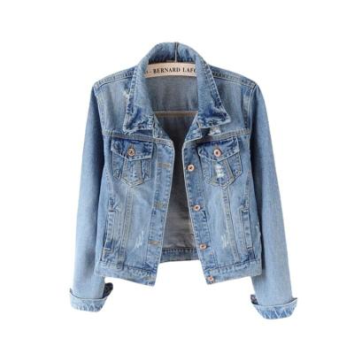 China Women's QUICK DRY outerwear custom made blue denim jacket women coated denim jackets rips holes denim shirts wholesale for sale