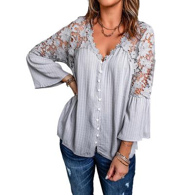 China New Hot Selling Anti-pilling Loose Lace Button Up Flare Sleeves Sexy V-Neck Shirt Tops for sale