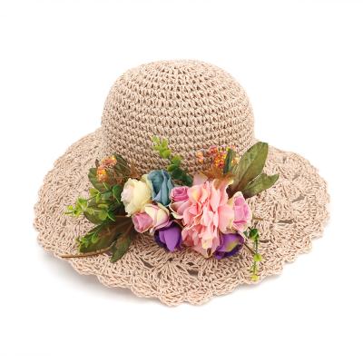 China Straw Hat Big Wing Beach Children's Summer Sun Hat Holiday Sunscreen New Character Flower Girls Straw Hat Handmade Ribbon Around Foldable Sun Hat for sale