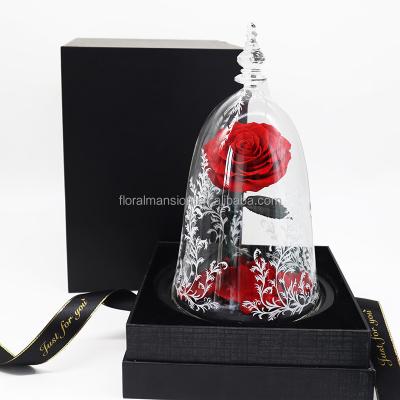 China Natural Beauty and the Touch Beast Inspired Decorative Flowers 22*33CM Rose In Glass Dome Eternal Preserved By Size Rose For Christmas Gift for sale