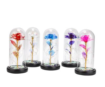 China Fashional Artificial Flowers Wholesale 50 24K Gold Romantic Creative Rose Glass Cover Galaxy Rose LED Lamp Collection Preserved Flower Set for sale