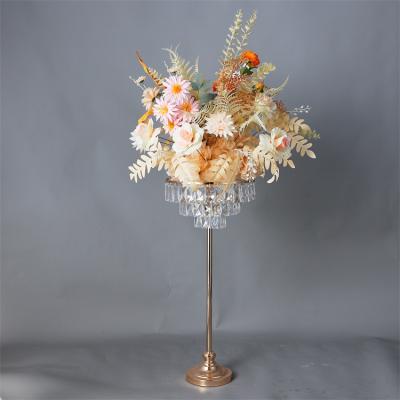 China Wedding Triple Magic Wheel Flower Stand Factory Direct Table Decoration Crystal Pendant Flower Stand Gold Metal Wedding Centerpiece for sale