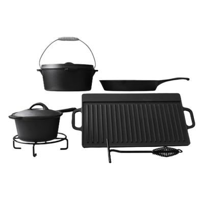 China General Use For Gas And Induction Cooker 8 Pieces Pre-Seasoned Dutch Camping Oven Cooking Set Cast Iron Cooking Wooden Carry Box Set For Outdoor Home Kitchen BBQ Cooking for sale