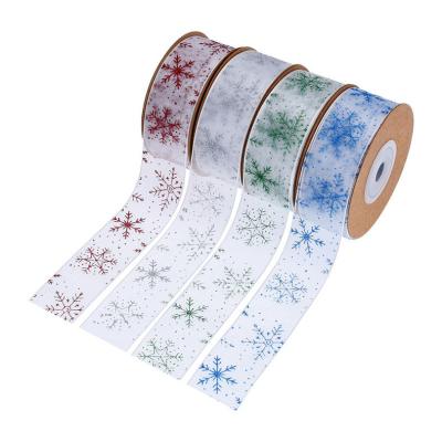 China Transparent Plastic Chiffon Powder Printed Snowflake Yarn With Bow Gift Wrap Christmas Decoration Ribbon 10 Meters for sale