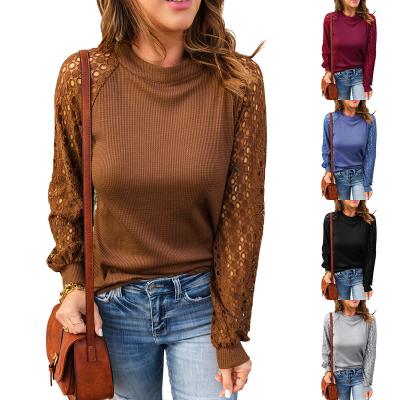 China Anti-pilling ladies shirts blouses tops for women round neck lace stitch sheath wholesale elegant women clothing tops solid color pullover for sale