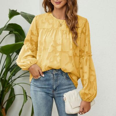 China Europe Ladies Anti-Shrink Blouses Fall Clothing For Autumn Chiffon Women Pleat Flower Women Lantern Sleeve Neck Blouses Shirts Round Shirt for sale