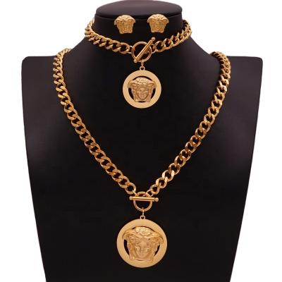 China Anti-allergic Vacuum 18K Gold Plated Stainless Steel Necklace Bracelet And Earring Round Pendant Jewelry Set for sale