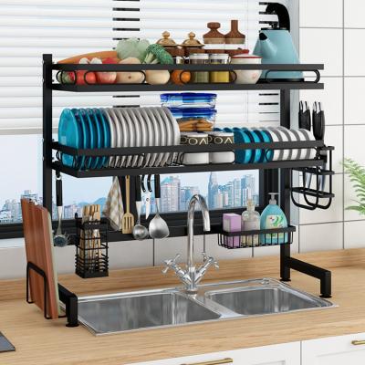 China Smart Furn 85cm Dish Rack Frame Kitchen Storage Organizer Over Sink For Kitchen Storage With Drying Bowl Dish Tray Shelf Layer Black Steel Drainer for sale