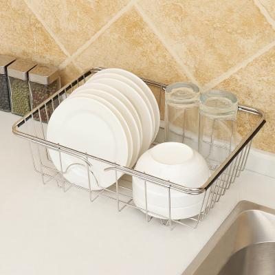 China Expandable Adjustable Length Over Large Deep Sink Dish Rack Basket Stainless Steel Flat Drying Rack On Counter Drainer With Black Removable Basket for sale