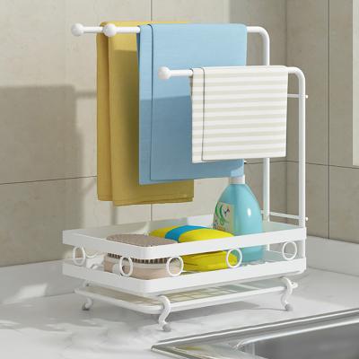 China Carbon Steel Smart-Furn 3 Post Kitchen Sink Sponge Holder Assembly Organizer with Towel Rack Drain Pan for Dismountable Dish Cloth Rack for sale