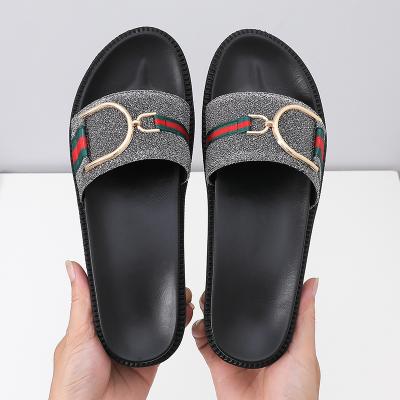 China New fashion trend thick rubber sole outdoor ribbon anti-slip gray black slippers with buckles in summer 2021 women's slippers for sale