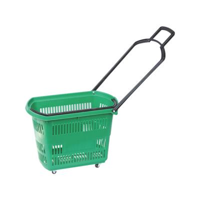 China 1)Supermarket 2)Cheap Custom Grocery Carry Mesh Plastic Shopping Basket 35L Grocery Cart Supermarket Basket With Wheels for sale