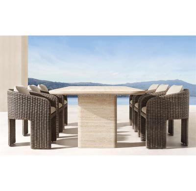 China 2022 Design Contemporary Outdoor Furniture Garden Dining Set Teak Dining Table And Wicker Chairs for sale