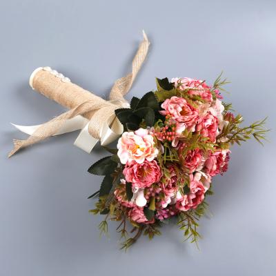 China Artificial Silk Flowers Hand Tied Wedding Rose Flower Bouquets Bridal Holding Holder Hand Tied Bouquet for sale